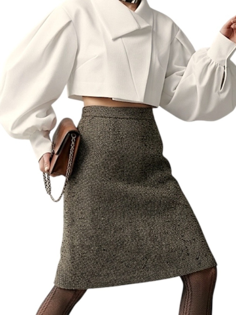 Vintage 90s Compagna Korea black grey old money knee length tweed skirt